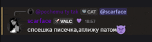 a screenshot of a chat with scarface valc and pochemu ty tak