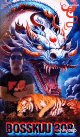 a man is standing in front of a painting of a dragon and a tiger