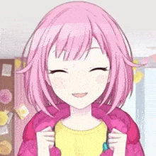 a girl with pink hair is wearing a pink jacket and a yellow shirt .