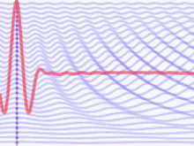 a blue and white striped background with a red line in the middle