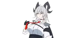 a drawing of a woman with horns holding a red wave