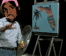 a man smoking a cigarette in front of an easel with a painting of florida on it