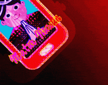 a red cell phone with a picture of a man and the words " i love you "