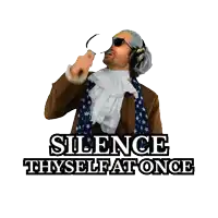 a man holding a magnifying glass with the words " silence thyself a once " above him
