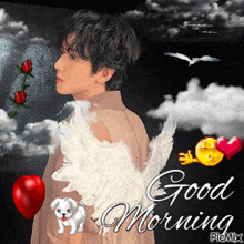 a picture of a man with angel wings and the words good morning on the bottom