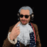 a man wearing a wig and headphones giving the middle finger