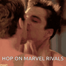 a couple of men kissing with the words hop on marvel rivals above them .