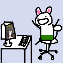 a cartoon drawing of a rabbit sitting in front of a computer