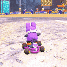 a purple bunny is driving a purple kart with the number 8 on it