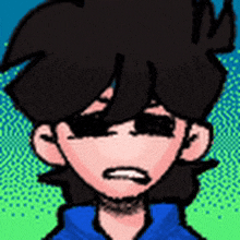 a pixel art drawing of a boy with a beard wearing sunglasses and a blue hoodie .