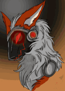 a drawing of a fox with a helmet and red eyes