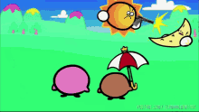 a cartoon of a sun holding a gun and a moon holding a beach ball