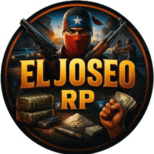 a logo for el joseo rp shows a man holding a gun and a fist