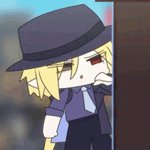 a cartoon character wearing a hat and tie is standing next to a wall