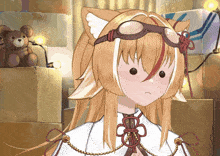 a girl with a cat ear is wearing goggles
