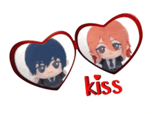 a boy and a girl are kissing each other in a heart shaped frame .