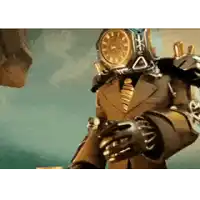 a man in a suit with a clock on his head .