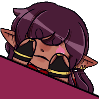 a cartoon drawing of a girl with purple hair covering her face