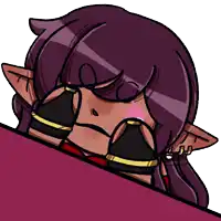 a cartoon drawing of a girl with purple hair covering her face