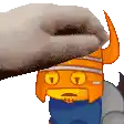 a pixel art of a hand petting a cartoon character with horns .