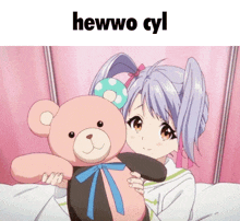 a girl is hugging a pink teddy bear with the text hewwo cyl above her