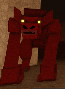 a red monster with yellow eyes is standing in front of a brown wall