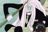 a cartoon character with long white hair and a stick in his hand