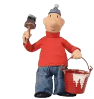 a stuffed animal is holding a paint bucket and a paintbrush