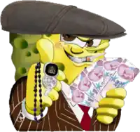 spongebob wearing a suit and hat holds a stack of money