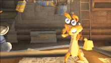 a cartoon character is standing on a wooden floor in a room with a ladder .