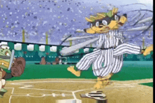 a cartoon character is standing on a baseball field holding a bat ..