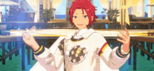 a cartoon character with red hair and a white shirt is standing on a stage with his arms outstretched and smiling .