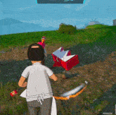 a cartoon of a man holding a red box that says ' pickaxe ' on the bottom
