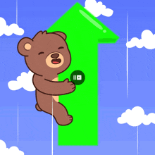 a cartoon teddy bear is holding a green arrow pointing up