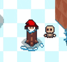 a pixel art drawing of a man sitting on a log