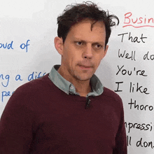 a man stands in front of a white board that has the word busy written on it