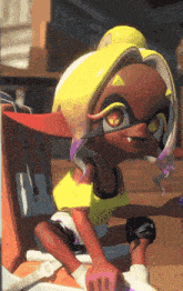 a cartoon character wearing a yellow top and purple hair
