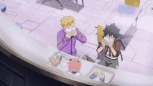 a couple of anime characters are sitting at a counter eating food