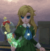a girl in a green dress is holding a green object