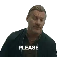 a man with a beard and a black jacket says please