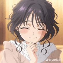 a girl with purple hair is smiling with the hashtag yuri15s on the bottom right