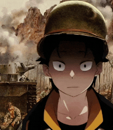a painting of a boy wearing a helmet with a soldier in the background
