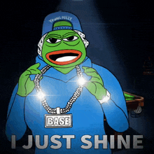 a cartoon of a frog wearing a blue hoodie and a base necklace