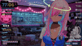 a girl with pink and blue hair is standing in a room with a club hq sign