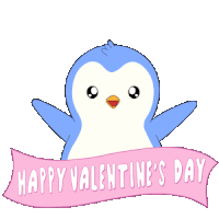 a happy valentine 's day banner with a penguin holding two pink hearts