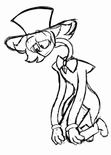 a black and white drawing of a cartoon character with a top hat