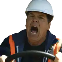 a man wearing a hard hat and safety vest is driving a car