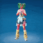 a girl with green hair and horns is holding a flame