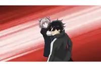 a man and a girl are fighting with a red background