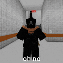 a cartoon character with a skull and crossbones hat and the words oh no on the bottom